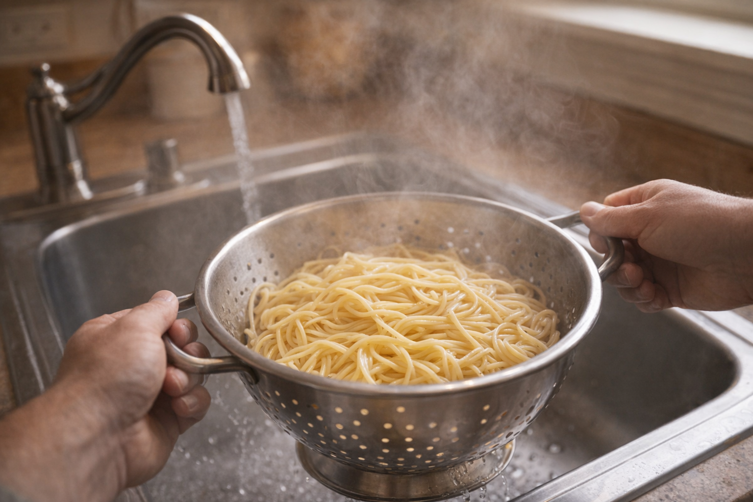 A medium shot of spaghetti being drained in a stainless steel colander over a kitchen sink, steam rising, faucet in the background, warm kitchen lighting